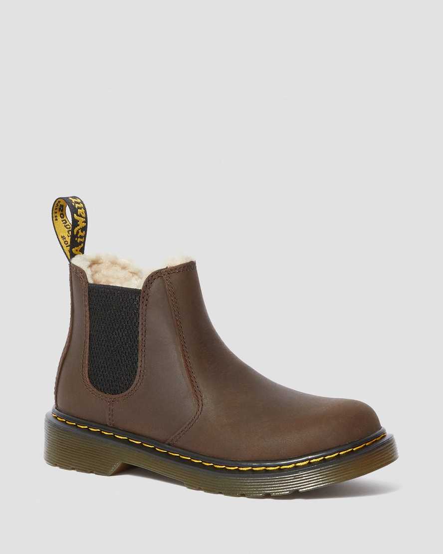 mörkbruna dr martens 2976 fodrade med fuskpäls för barn chelsea-stövlar