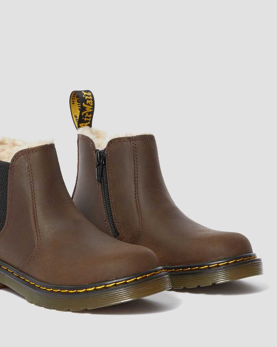 mörkbruna dr martens 2976 fodrade med fuskpäls för barn chelsea-stövlar