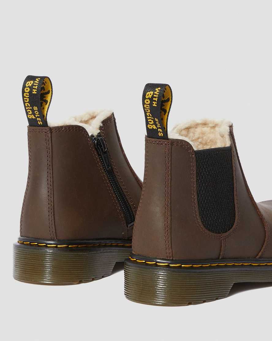 mörkbruna dr martens 2976 fodrade med fuskpäls för barn chelsea-stövlar