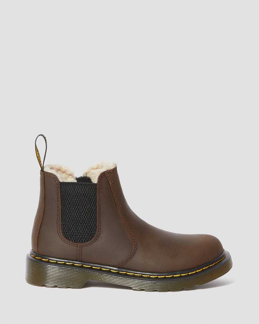 mörkbruna dr martens 2976 fodrade med fuskpäls för barn chelsea-stövlar