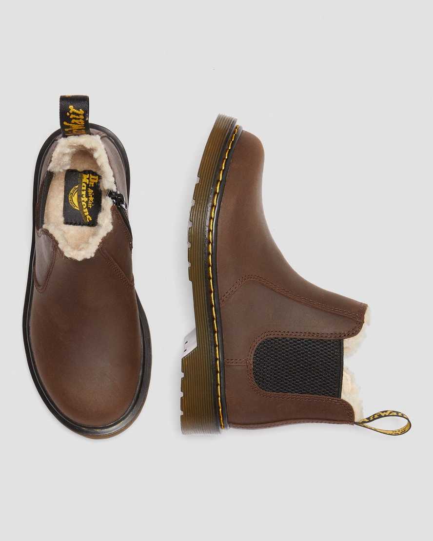 mörkbruna dr martens 2976 fodrade med fuskpäls för barn chelsea-stövlar