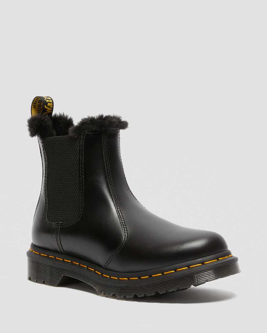 svarta dr martens 2976 leonore fodrade med fuskpäls för dam chelsea stövlar