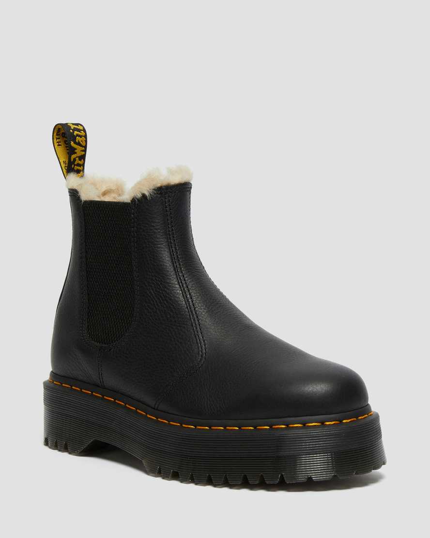 svarta dr martens 2976 fodrade platå chelsea stövlar med fuskpäls för damer