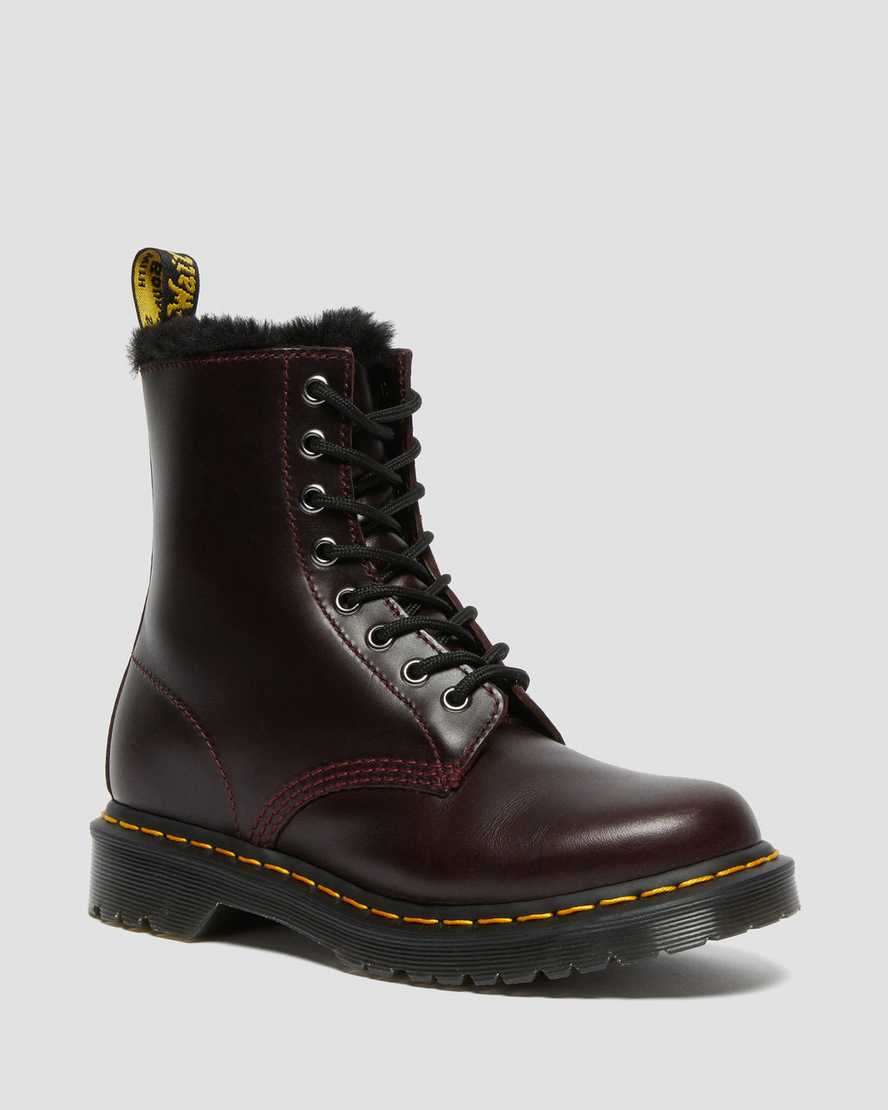 dr martens 1460 serena fuskpälsfodrade damstövlar med snörning vinröda