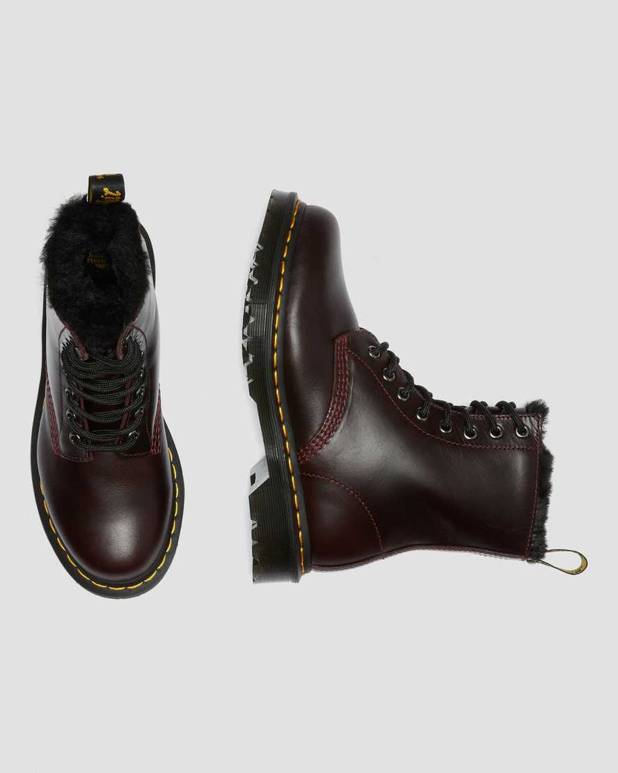 dr martens 1460 serena fuskpälsfodrade damstövlar med snörning vinröda