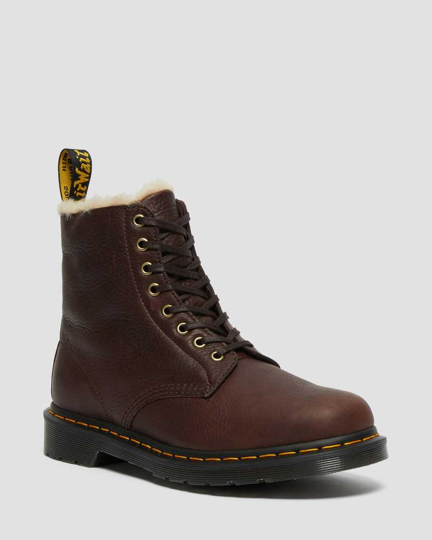 bruna dr martens 1460 pascal fodrade stövlar med fuskpäls för damer