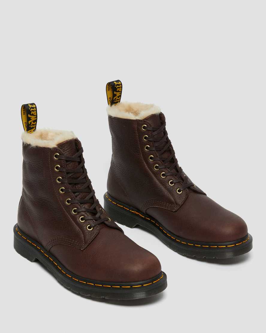 bruna dr martens 1460 pascal fodrade stövlar med fuskpäls för damer