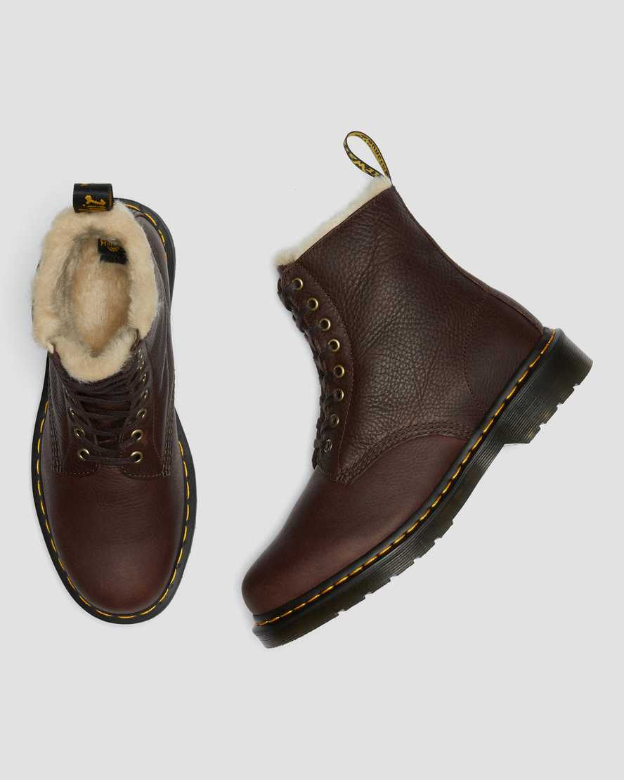 bruna dr martens 1460 pascal fodrade stövlar med fuskpäls för damer