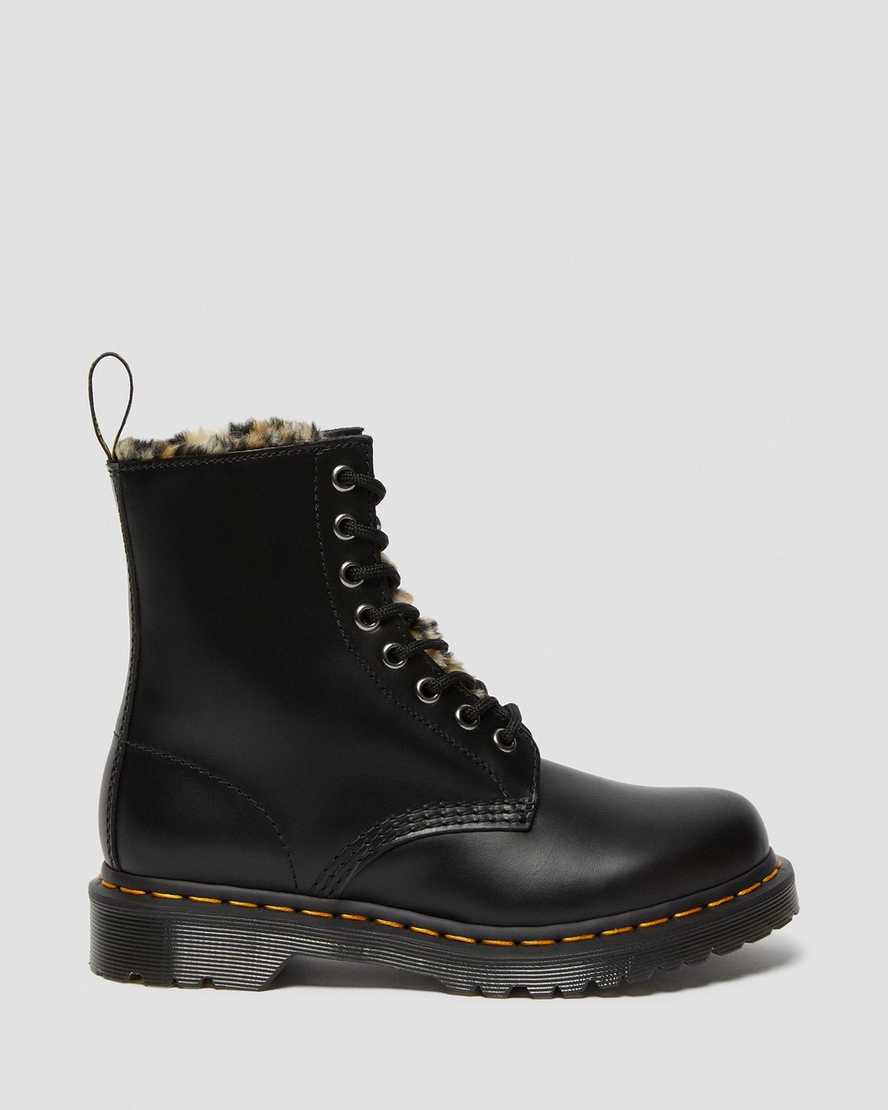 svarta dr martens 1460 serena leopard fuskpäls fodrade stövlar för dam