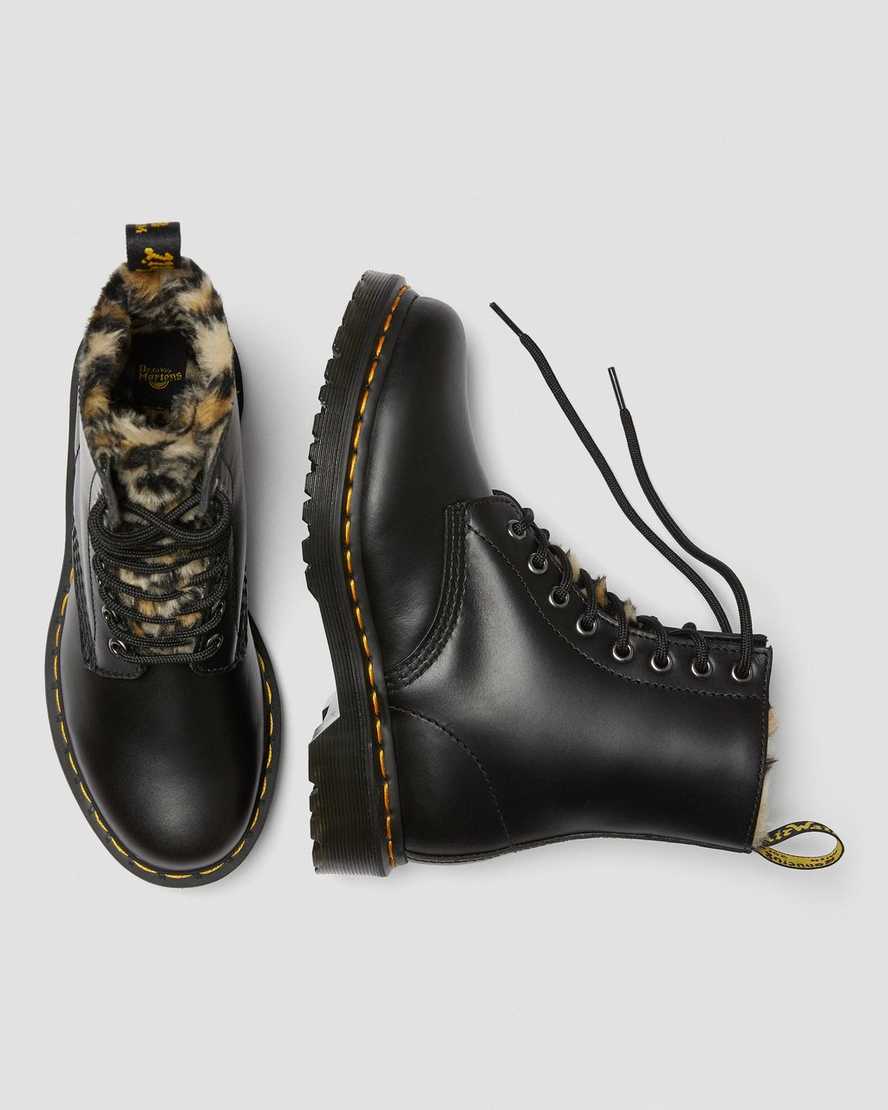 svarta dr martens 1460 serena leopard fuskpäls fodrade stövlar för dam