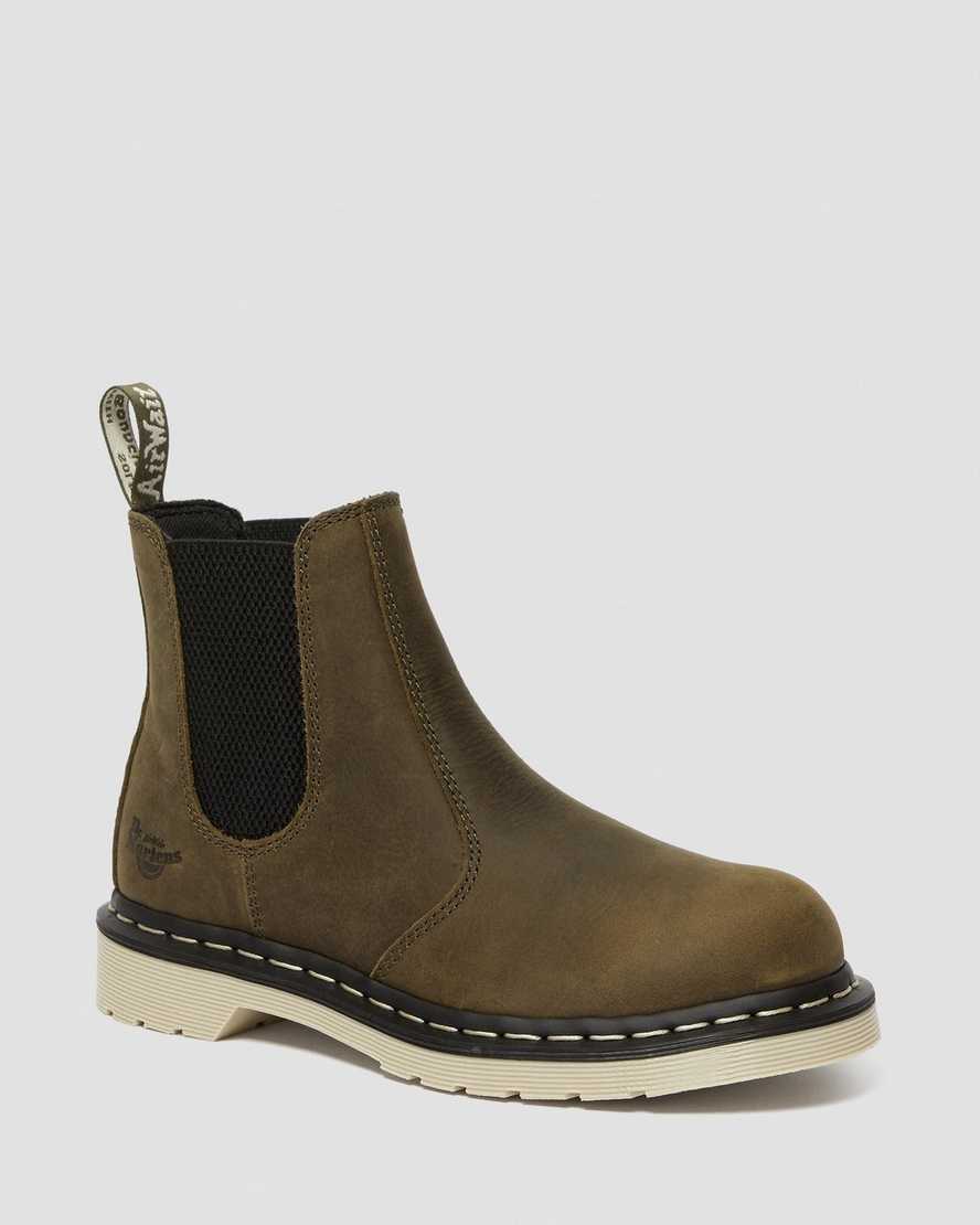 olivgröna dr martens arbor steel toe chelsea arbetsstövlar för dam