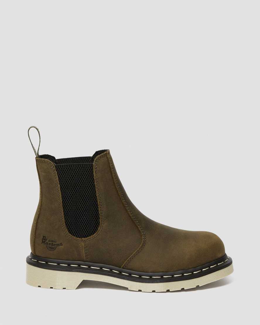 olivgröna dr martens arbor steel toe chelsea arbetsstövlar för dam
