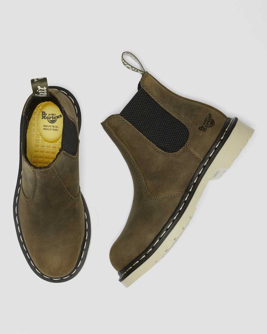 olivgröna dr martens arbor steel toe chelsea arbetsstövlar för dam