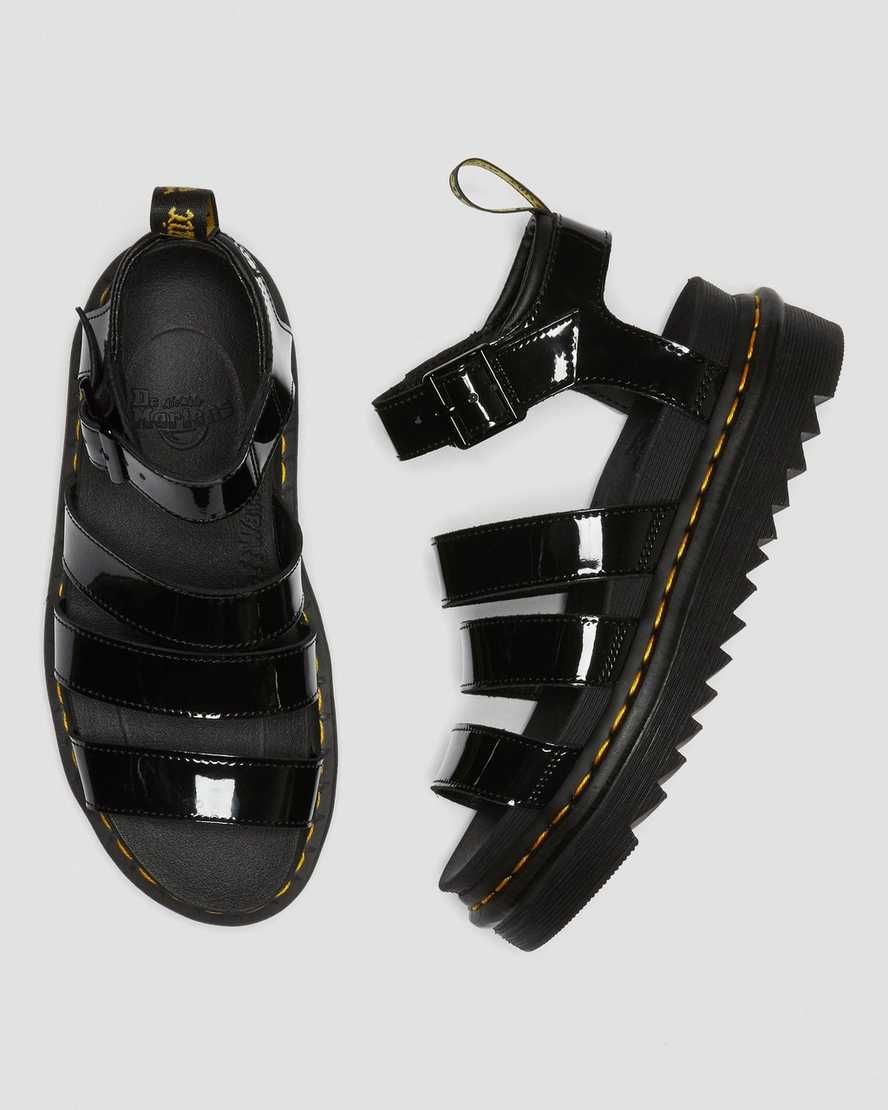 svarta dr martens blaire patent gladiatorsandaler för dam