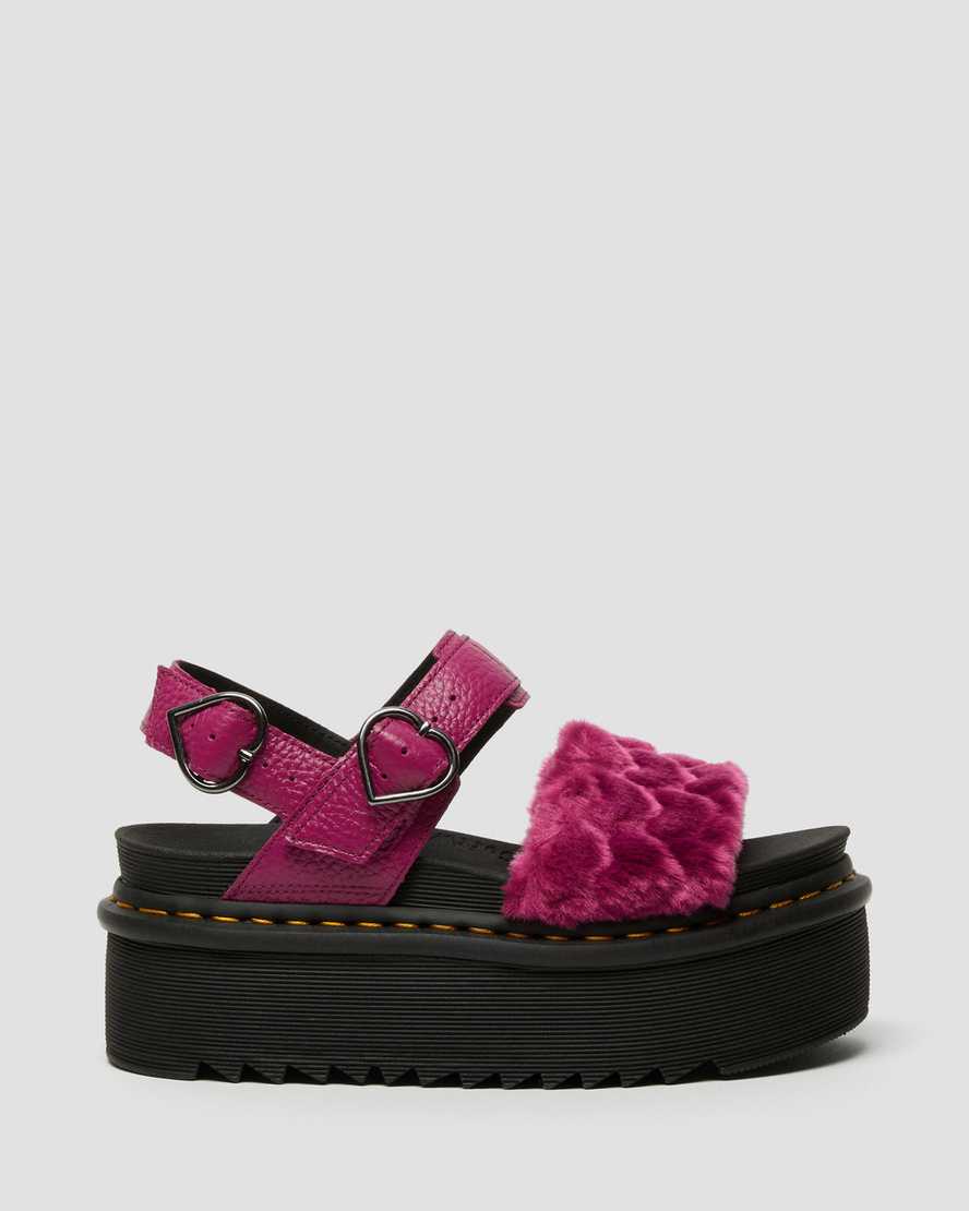 rosa dr martens voss fluffy fuskpäls platåsandaler för dam